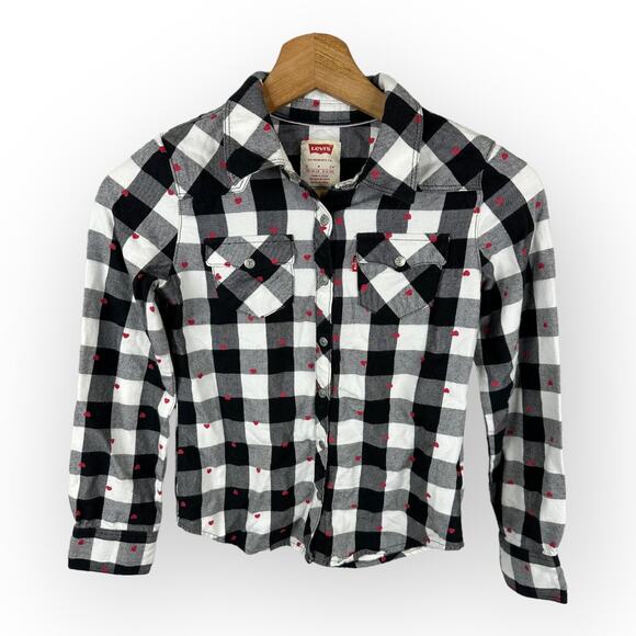 Levis Girls Boys Unisex size Small Plaid Long Sleeve Snap Button Heart Shirt - Picture 1 of 7